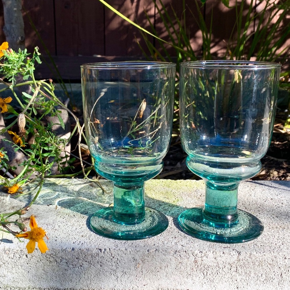 Set of seven teal mid century water goblets